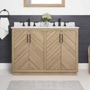 lot 37 image: Glacier Bay Huckleberry 48 in. Double Sink Weathered Tan Bath Vanity with White Engineered Marble Top (Assembled)  Customer Returns See Pictures