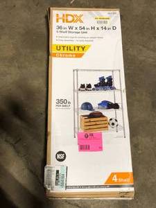 lot 64 image: HDX 4-Tier Steel Wire Shelving Unit in Chrome (36 in. W x 54 in. H x 14 in. D)   Customer Returns See Pictures