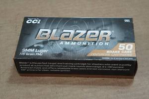 lot 350 image: 50 CCI Blazer Brass 9mm 115 Gr FMJ Ammo