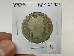 lot 17 image: 1892-S Silver Barber Half Dollar