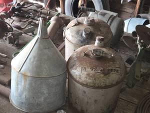 lot 65 image: Vintage Metal Gas Cans (x2) and Large Funnel (x1)