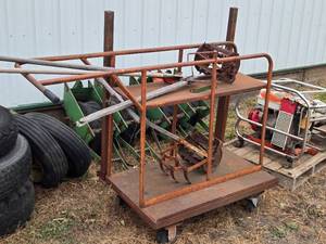 lot 76 image: Lot of (2) Vintage Garden Tillers with Shop Drywall Cart