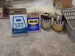 lot 203 image: Vintage OilWD40Antifreeze Cans with Tools