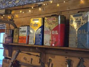 lot 205 image: Lot of (6) Vintage Motor Oil Cans (x3), Paint Thinner (x1), Auto Heater (x1)