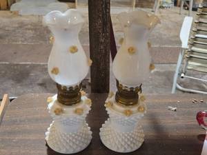 lot 222 image: Lot of (2) Vintage 8 Glass Miniature Oil Lamps with 3D Yellow Rose Applique (milk white)