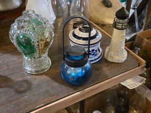 lot 230 image: Vintage Pressed Glass OilPerfume Bottle, Garden Tea Light  Lantern, Vintage Old Spice Lighthouse Decanter, Ceramic Oil Lamp Base