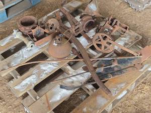 lot 290 image: Vintage Planter Parts, Heater, Coffee Grinder, Cream Separator, Well Pump Part