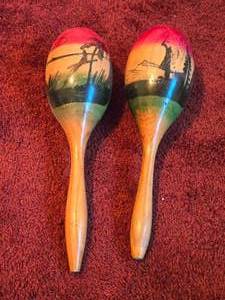 lot 579 image: Lot of (2) Vintage Hand-painted Finish Wooden Mexican Maracas