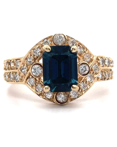 lot 13 image: London Blue Topaz & Pav Natural Diamond Halo Vintage Style Ring in Yellow Gold VIDEO