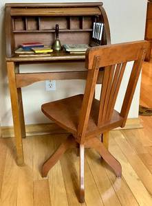 lot 35 image: Antique Childs Roll Top Desk, Chair and School Accessories