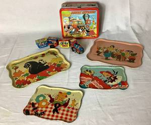 lot 75 image: Vintage Metal Tin Collection - Wind Up Comic Circus Tin Toy Train, 1970s Disney Express  Metal Lunch Box, Ohio Art Little Bo Peep, Snow White, Autumn Squirrel & Humpty Dumpty Trays