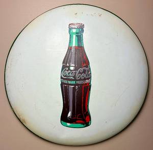 lot 18 image: Vintage Coca-Cola Button Metal Sign