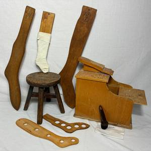 lot 100 image: Vintage Wooden Sock Stretchers with Wooden Shoe Shine Box and Stool