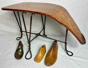 lot 98 image: Vintage Wooden Shoe Store Salesman Fitting Stool with Vintage Wooden Shoe Molds(3)