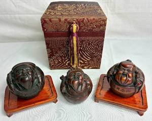 lot 94 image: Set of 3 Vintage Red Resin Chinese Sculptures for Happiness, Abundance and Fortune
