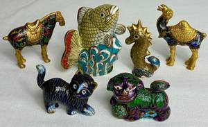 lot 95 image: Vintage Cloisonne Animals - Fish, Seahorse, Cat, Foo Dog, Tang Dynasty Style Horse and Camel
