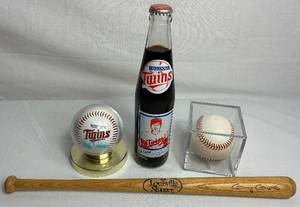 lot 85 image: Minnesota Twins Bundle of Autographed Team Baseball, Bert Blyleven Autographed Baseball, Gary Gaetti Mini Baseball Bat and Rod Carew 10 oz Coke Bottle