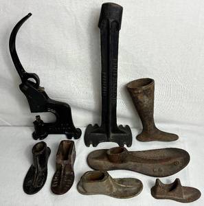 lot 99 image: Antique Cast Iron Cobblers Shoe Forms, Rex 27 Leather Rivet Press and Cast Iron Cobblers Stand