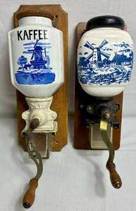 lot 34 image: Vintage Dutch Delft Blue and PeDe Dutch Windmill Wall Mounted Coffee Grinders