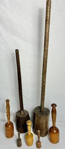 lot 129 image: Vintage Wooden Mashers Collection - Potato Mashers, Sauerkraut MasherStomper, Food Masher and Wooden Pestles