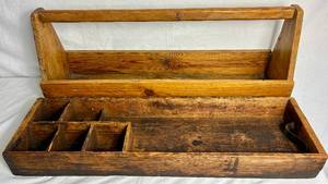 lot 123 image: Primitive Carpenter Long Saw 33 Tool Box and 34 Tool Caddy