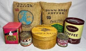 lot 136 image: Coffee Bundle - Vintage Tins, Dunn Brothers Coffee Burlap Sack Pillows, and Door County Coffee Crate