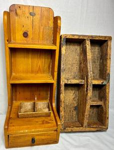 lot 139 image: Primitive Tool Caddy, Countertop Spice Display Shelf  and Primitive Cracker Holder