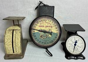 lot 77 image: Collection of Scales- One Foreign Letter Scale, One Precision Postal Scale and one Decorative Hill Farms Feed Grain Hanging Scale