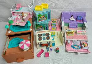 lot 74 image: Vintage Lewis Galoob Miniature Dollhouse Playsets- Secrets Places Pool in a Hot Tub, Living Room in a Sofa, Family Room in a TV, Kitchen in a Stove, Nursery in a Crib, and Bedroom in a Bed