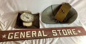 lot 155 image: Vintage Purina Cow Chow Hanging Scale,  Chas. Forschner & Sons Double Sided Hanging Spring Scale and General Store Sign