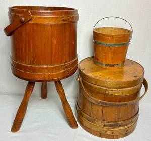 lot 130 image: Antiique Firken Wooden Sugar Bucket, Primitive Wooden Bucket  and Early American Wood Firkin Sewing Box