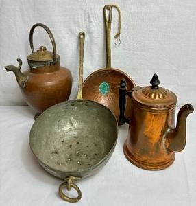 lot 128 image: Copper Collection - Vintage Copper Teapot, Copper Pitcher, Copper Straining Dipper and Hammered Copper Ladle Bowl