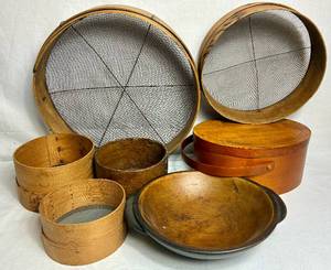 lot 133 image: Primitive Wooden SieveSifters, Wooden Bowl and Cast Bowl