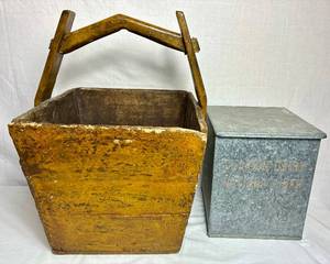 lot 162 image: Antique Farmhouse Wooden Vegetable Bin and Clarion Dairy Metal Porch Milk Box