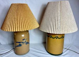 lot 121 image: American Salt Glazed Cobalt Blue Bird Stoneware Crock Lamp and Rovland Stoneware Lamp