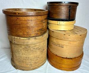 lot 122 image: Vintage General Store Bent Wood Dry Measure Containers and Wooden Cheese Boxes