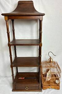 lot 163 image: Chinese Bamboo Hand Carved Hanging Bird Cage with Pagoda Top 3 Shelf Display Unit 13 x 8 x 38