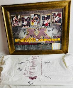 lot 14 image: University of Minnesota Golden Gopher Volleyball 2002 Framed &  Autographed Schdule plus 2001 XL T-Shirt with Schedule Signed by the Coaches