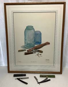 lot 118 image: Limited Edition Art Print by C. Don Ensor Jars and Knives  198500 SignedFramed plus Vintage Straight Razors with Original Boxes