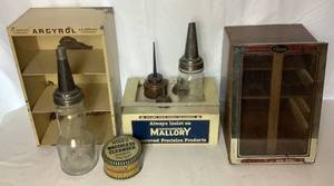 lot 187 image: Vintage Industrial Containers with Various Vintage Display Cabinets