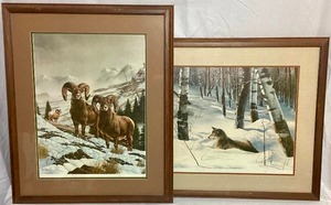 lot 186 image: Two Framed Prints, Big Horn Sheep Rams & Wolf Print by Les Grundwald - Signed & Numbered