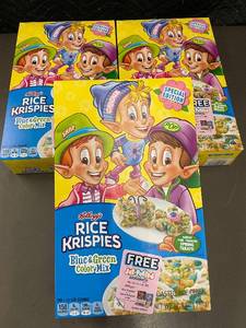 lot 25 image: IL 3 - Kelloggs Rice Krispies Blue & Green Color Mix Cereal, 3 Box Lot, 12.3 oz Each