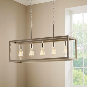 lot 26 image: (2) Hampton Bay Boswell Quarter 34 in. 5-Light Brushed Nickel Farmhouse Linear Chandelier with Weathered Wood Accents