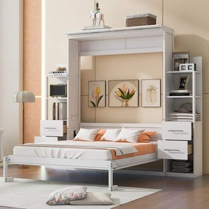 lot 42 image: Harper & Bright Designs White Wood Frame Queen Size Murphy Bed, Wall Bed with Shelves, 4-Drawer and LED Lights