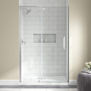 lot 44 image: Home Decorators Collection Delaney 46 14 in. - 48 in. W x 74 in. H Pivot Frameless Shower Door in Brushed Nickel Finish with Clear Glass