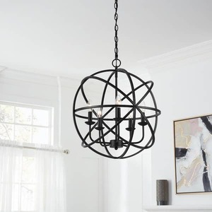 lot 54 image: (2) Home Decorators Collection Sarolta Sands 5-Light Black Chandelier Light Fixture with Caged Globe Metal Shade