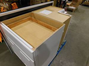 lot 86 image: lot of 4--Hampton Bay Shaker- Assembled Cabinets in Satin White