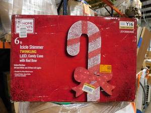 lot 100 image: Home Accents Holiday 6 ft. Icicle Shimmer Twinkling LED Candy Cane with Red Bow Holiday Yard Decoration Y16