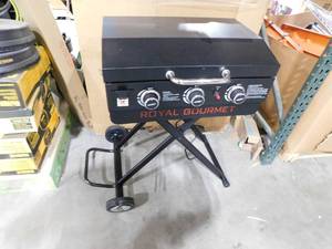 lot 156 image: Royal Gourmet 23 in. 3-Burner Propane Gas Griddle with Collapsible Stand and Side Shelf, Left Spice Rack, 25,500 BTU, Black