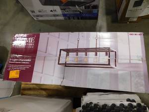 lot 161 image: Hampton Bay Boswell Quarter 34 in. 5-Light Brushed Nickel Farmhouse Linear Chandelier with Weathered Wood Accents